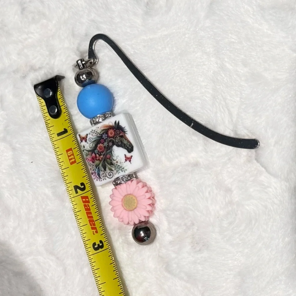 Pink & blue Beaded Bookmark, Horse with flowers and rhinestones